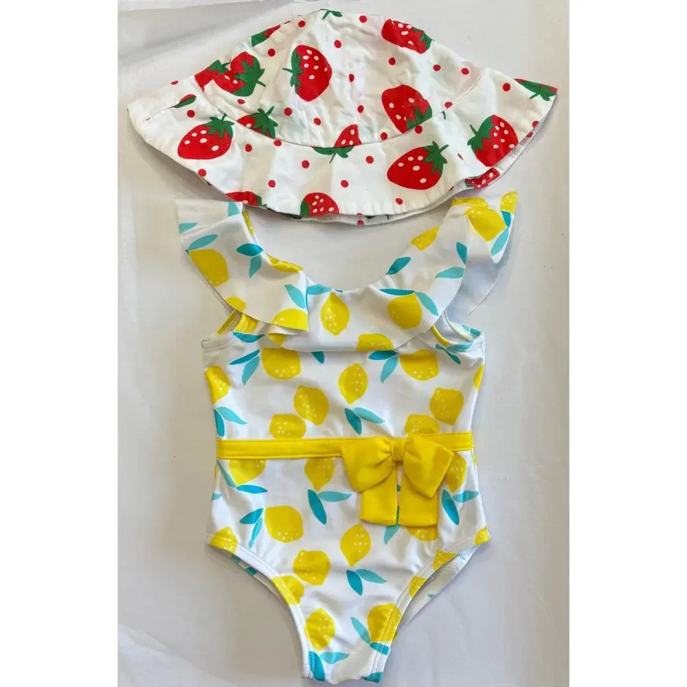 Gerber Lemon Squeeze One Piece Ruffled Swimsuit (Size 12M) & Strawberry Sun Hat